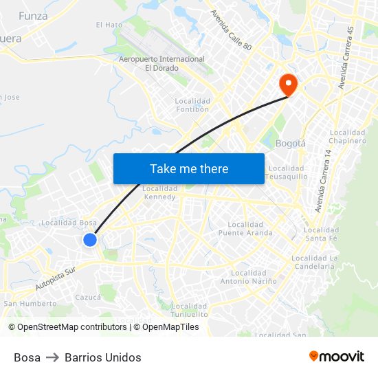 Bosa to Barrios Unidos map