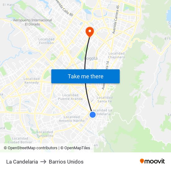 La Candelaria to Barrios Unidos map