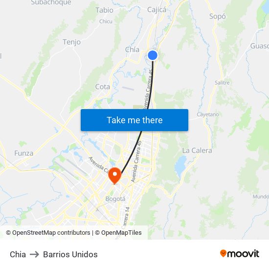 Chia to Barrios Unidos map