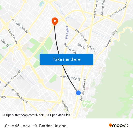 Calle 45 - Asw to Barrios Unidos map