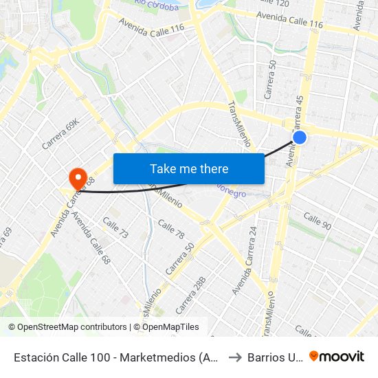 Estación Calle 100 - Marketmedios (Auto Norte - Cl 98) to Barrios Unidos map