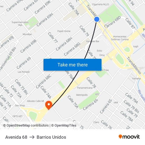 Avenida 68 to Barrios Unidos map