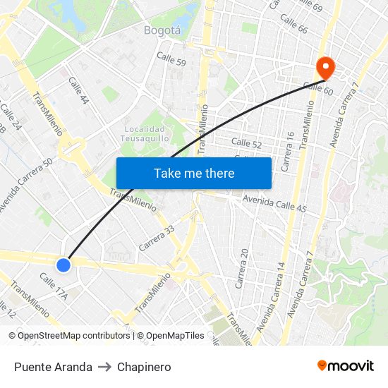 Puente Aranda to Chapinero map