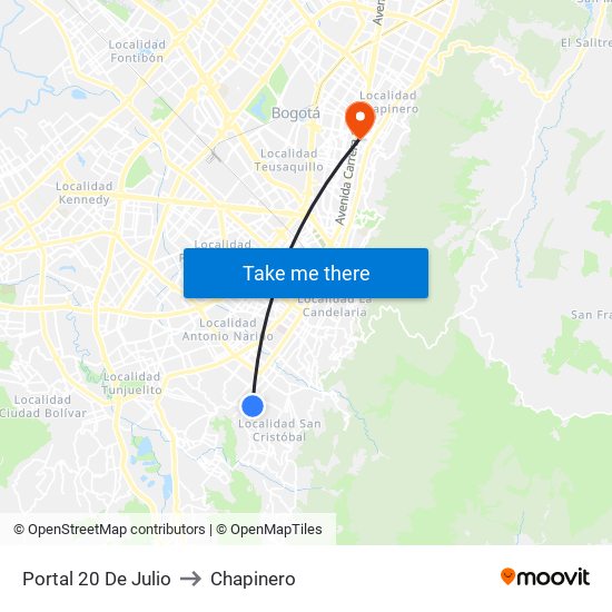 Portal 20 De Julio to Chapinero map
