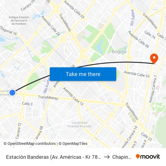 Estación Banderas (Av. Américas - Kr 78a) (A) to Chapinero map