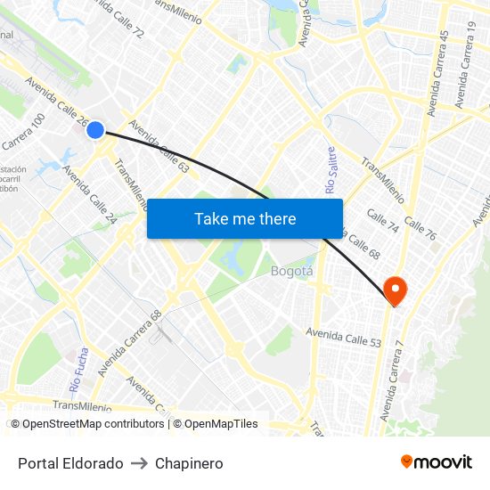 Portal Eldorado to Chapinero map