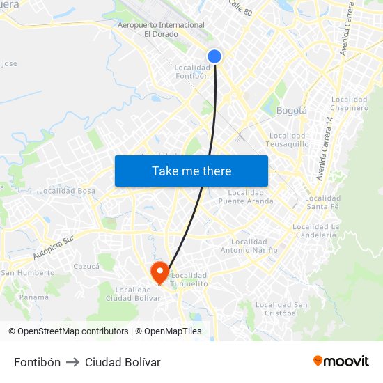 Fontibón to Ciudad Bolívar map