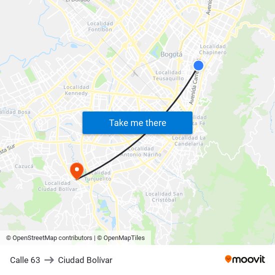 Calle 63 to Ciudad Bolívar map