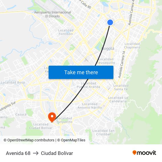Avenida 68 to Ciudad Bolívar map