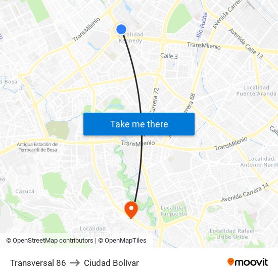 Transversal 86 to Ciudad Bolívar map