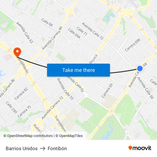 Barrios Unidos to Fontibón map