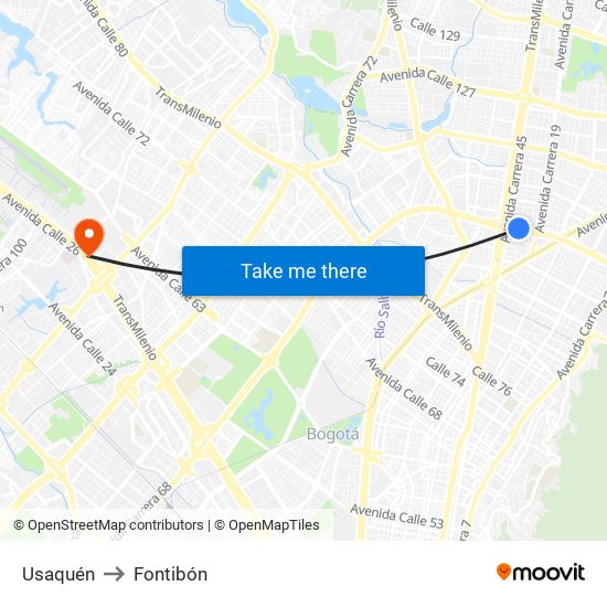 Usaquén to Fontibón map