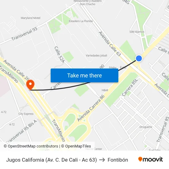 Jugos California (Av. C. De Cali - Ac 63) to Fontibón map