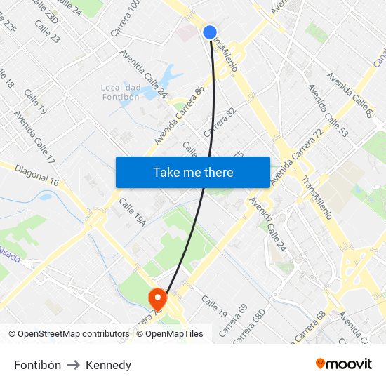 Fontibón to Kennedy map