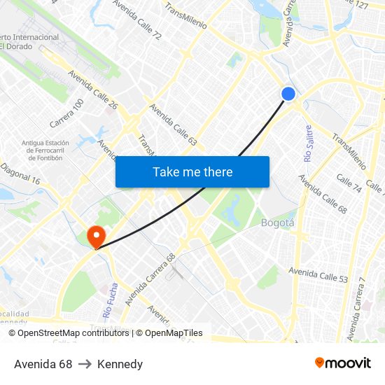 Avenida 68 to Kennedy map