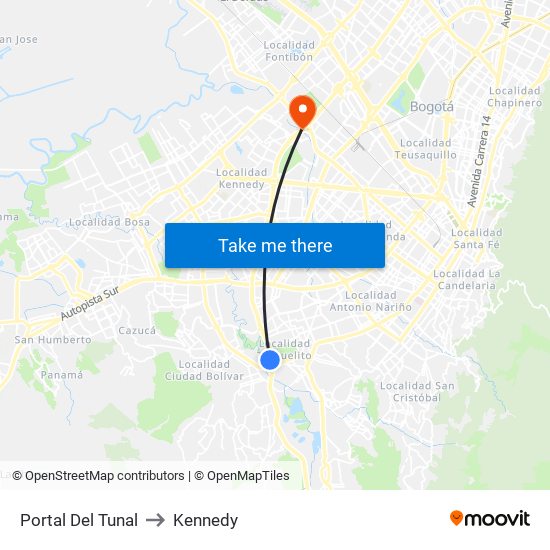 Portal Del Tunal to Kennedy map