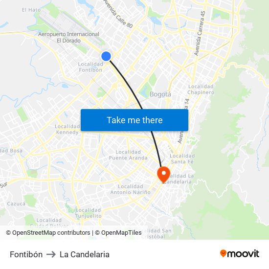 Fontibón to La Candelaria map