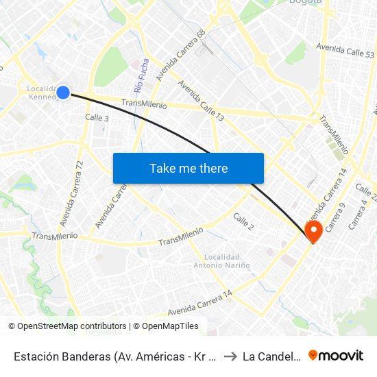 Estación Banderas (Av. Américas - Kr 78a) (A) to La Candelaria map
