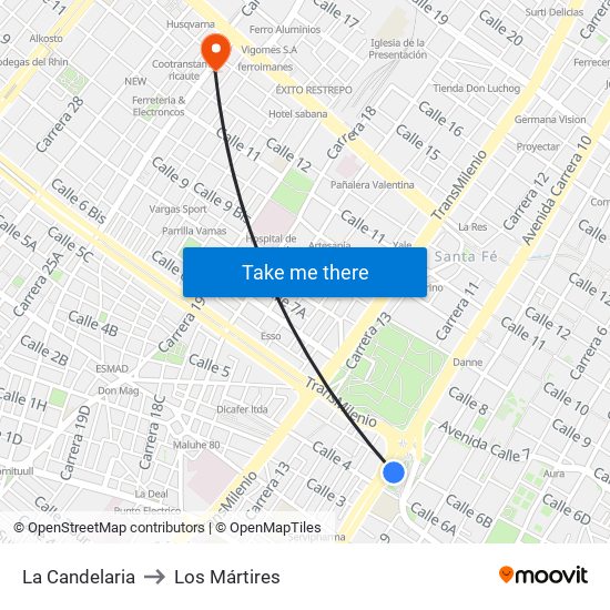 La Candelaria to Los Mártires map