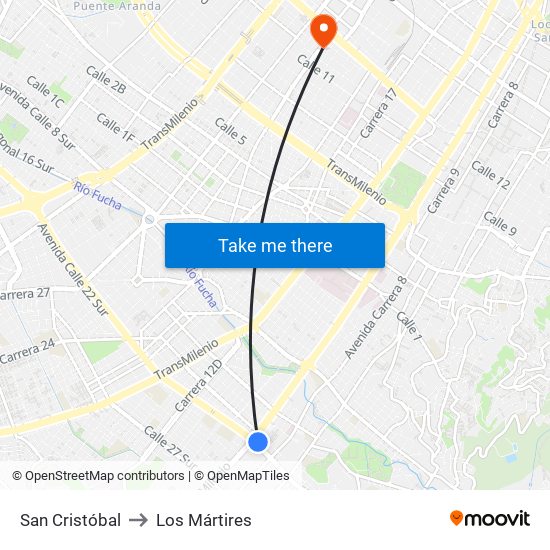 San Cristóbal to Los Mártires map