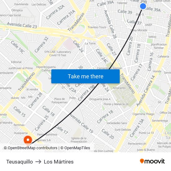 Teusaquillo to Los Mártires map