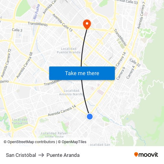 San Cristóbal to Puente Aranda map