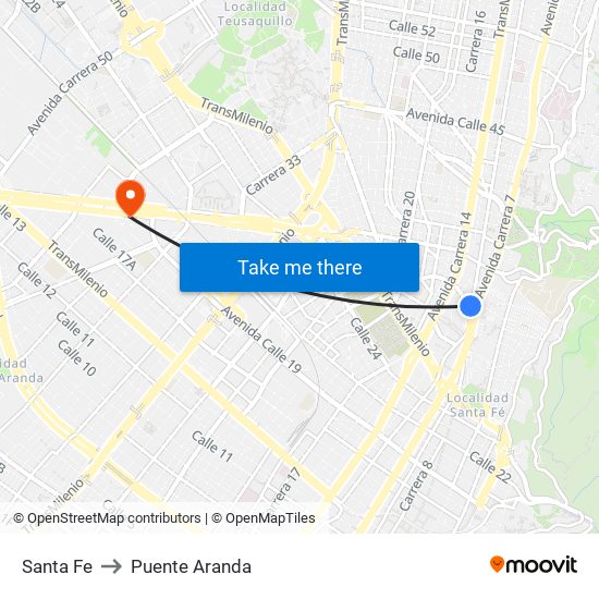 Santa Fe to Puente Aranda map