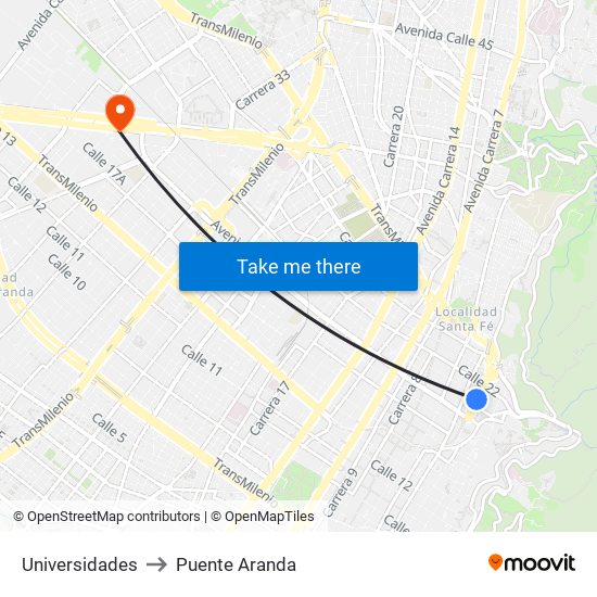 Universidades to Puente Aranda map