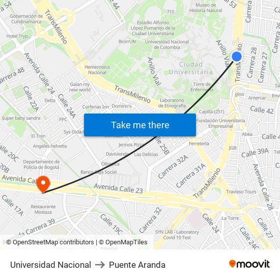 Universidad Nacional to Puente Aranda map