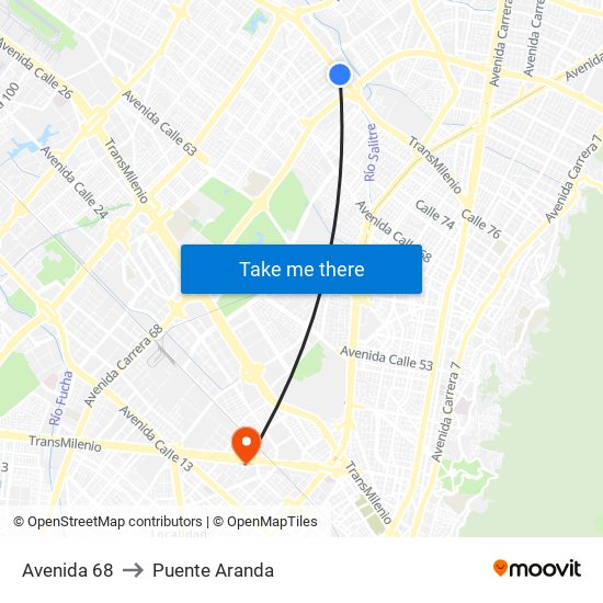 Avenida 68 to Puente Aranda map