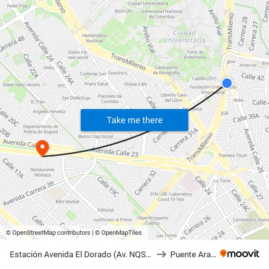 Estación Avenida El Dorado (Av. NQS - Cl 40a) to Puente Aranda map