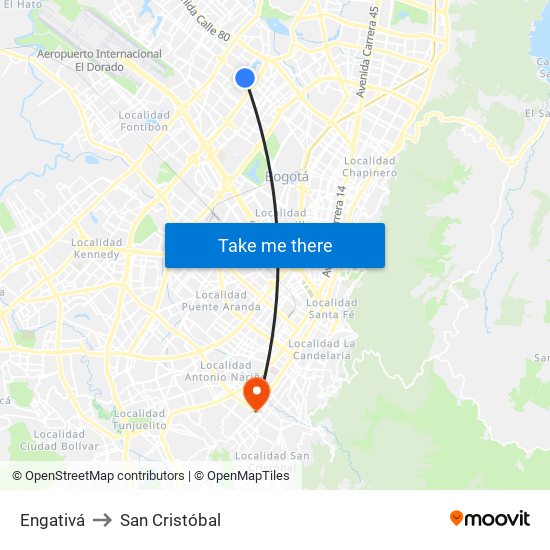 Engativá to San Cristóbal map