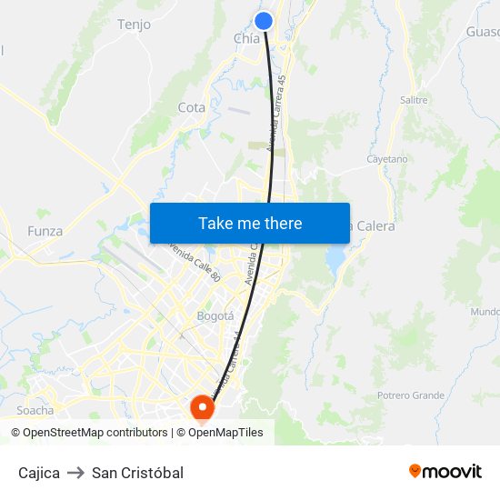 Cajica to San Cristóbal map