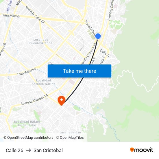 Calle 26 to San Cristóbal map