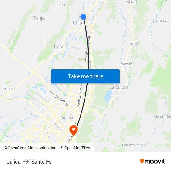 Cajica to Santa Fe map
