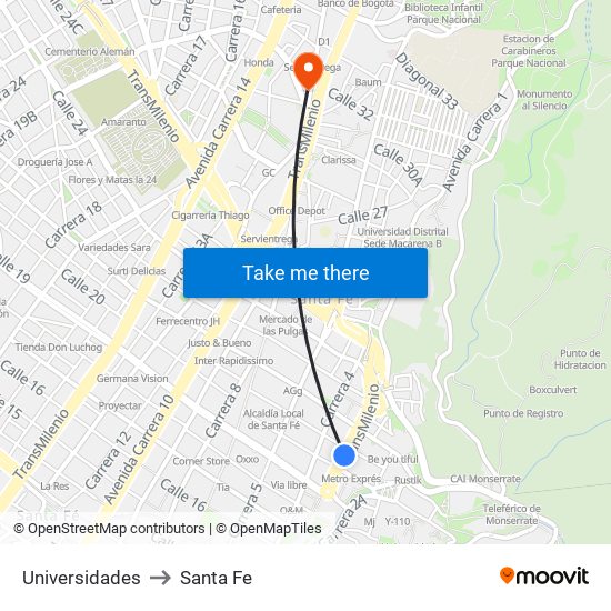 Universidades to Santa Fe map