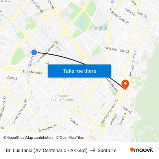 Br. Lusitania (Av. Centenario - Ak 68d) to Santa Fe map