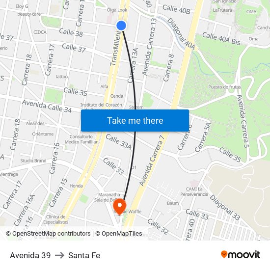 Avenida 39 to Santa Fe map