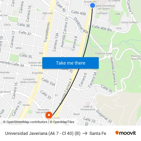 Universidad Javeriana (Ak 7 - Cl 40) (B) to Santa Fe map