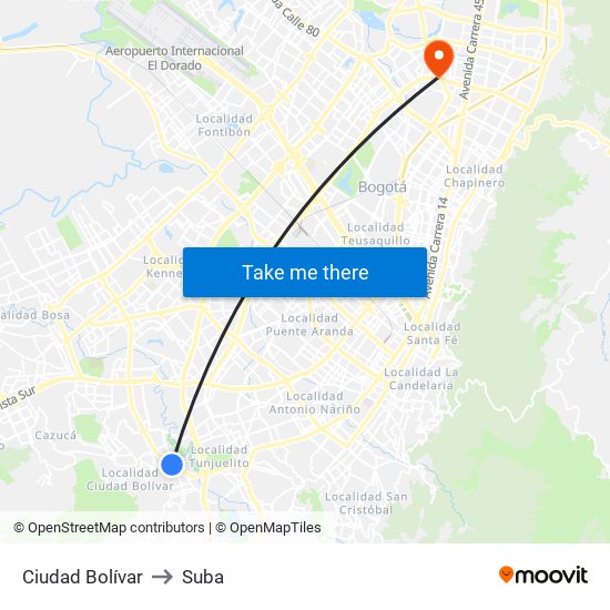 Ciudad Bolívar to Suba map