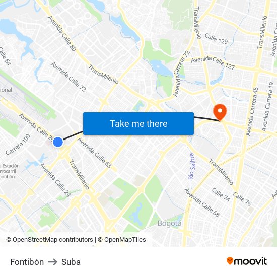 Fontibón to Suba map