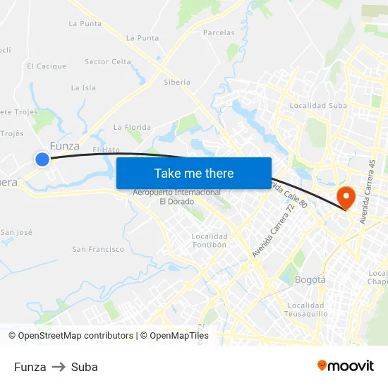 Funza to Suba map