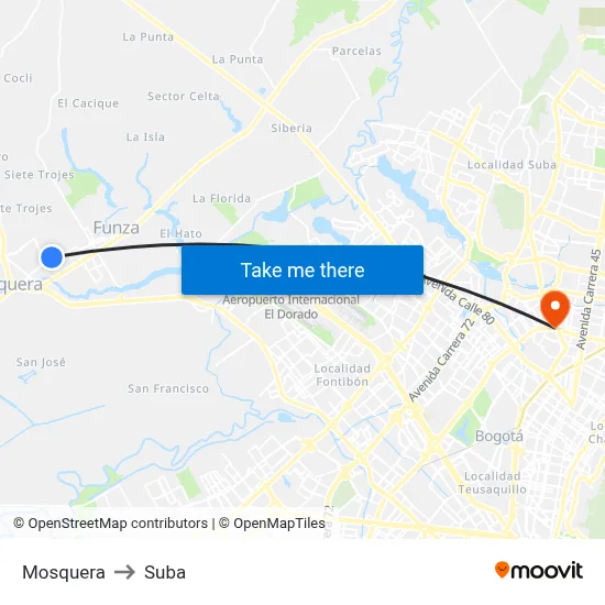 Mosquera to Suba map