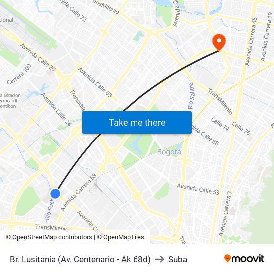 Br. Lusitania (Av. Centenario - Ak 68d) to Suba map