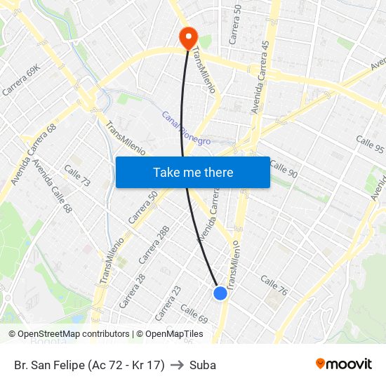 Br. San Felipe (Ac 72 - Kr 17) to Suba map