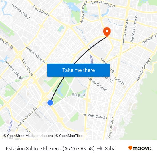 Estación Salitre - El Greco (Ac 26 - Ak 68) to Suba map