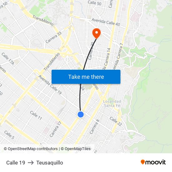 Calle 19 to Teusaquillo map
