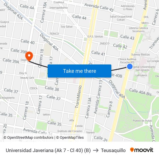 Universidad Javeriana (Ak 7 - Cl 40) (B) to Teusaquillo map