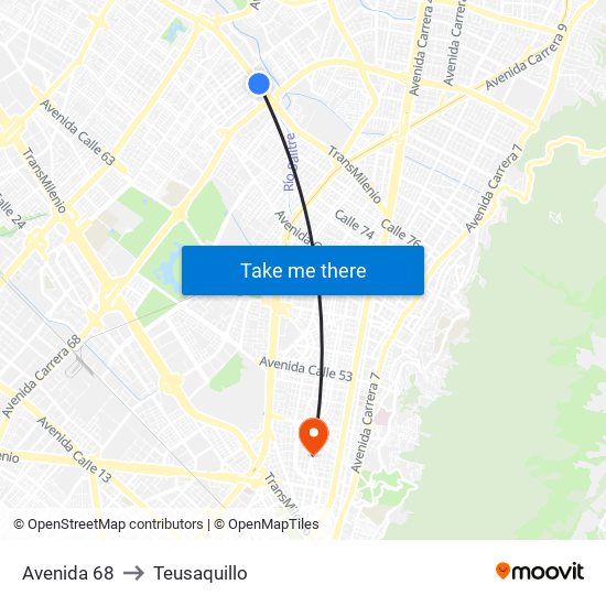 Avenida 68 to Teusaquillo map