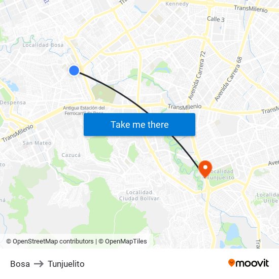 Bosa to Tunjuelito map